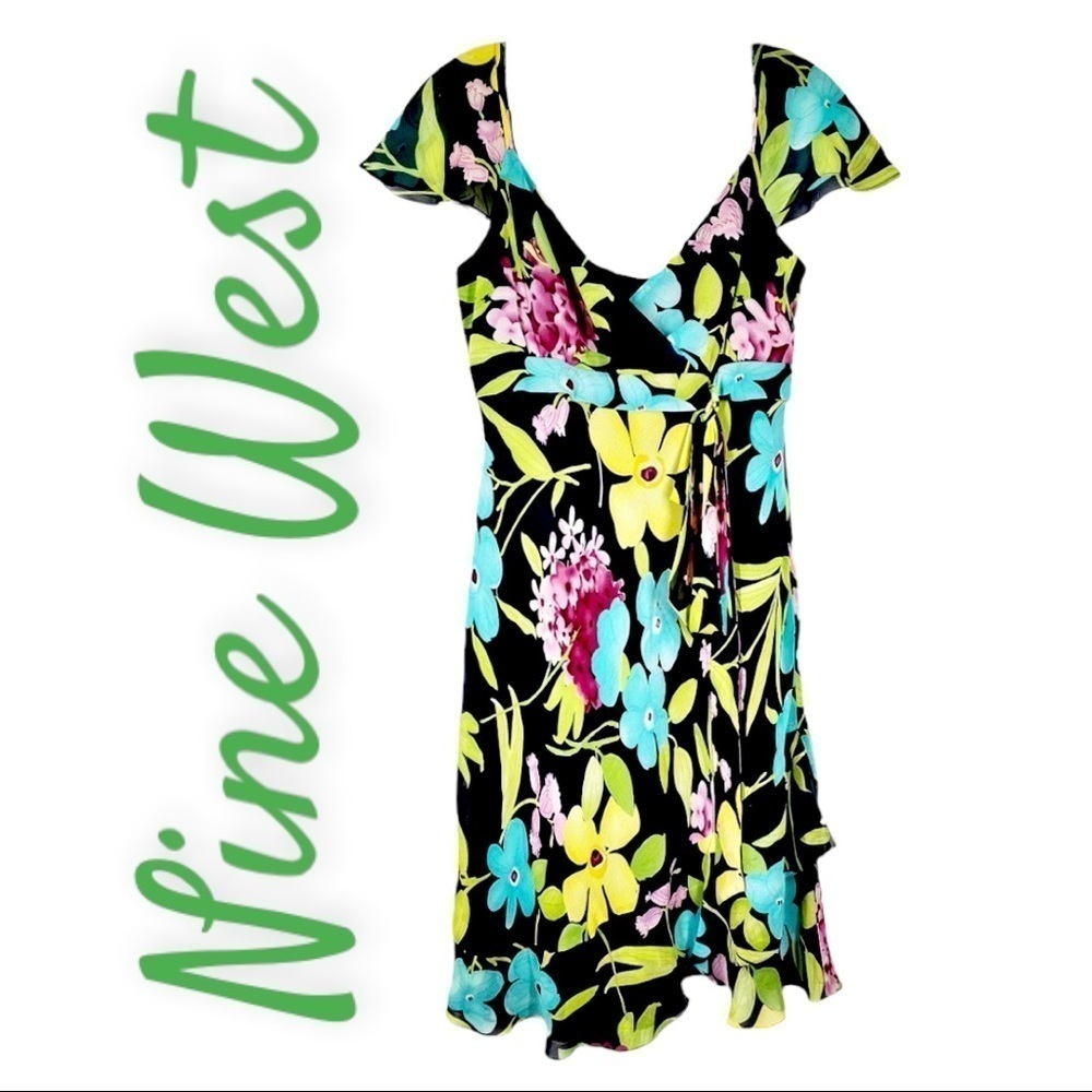 NINE‎ WEST 100% Silk Bold Floral Ruffle Dress, Size 6